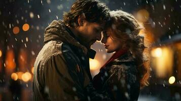 KI-generiert zwei Liebhaber schön Paar Mann und Frau umarmen und küssen auf ein romantisch Abend im das Regen foto