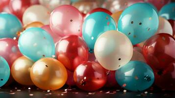 KI-generiert schön mehrfarbig festlich Luftballons zum ein Geburtstag Party oder Valentinstag Tag Hintergrund foto