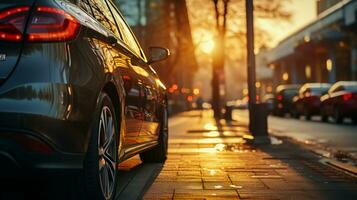 KI-generiert Seite Aussicht von ein Auto im ein groß Stadt beim Sonnenuntergang foto