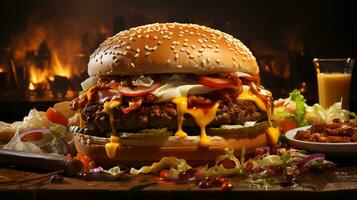 KI-generiert köstlich groß Burger mit Rindfleisch Fleisch Pastetchen und Käse foto