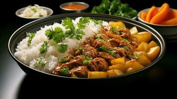 KI-generiert köstlich Reis mit Fleisch auf ein Teller auf das Tabelle foto