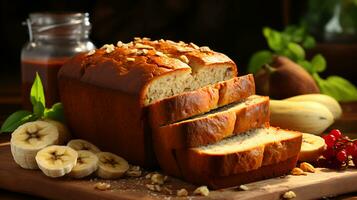 KI-generiert köstlich Banane Brot rollen hausgemacht gebacken Waren auf das Tabelle im das Küche foto