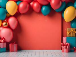 ein visuell reizvoll Kopieren Raum Banner mit Luftballons und Geschenk Dekorationen ai generieren foto