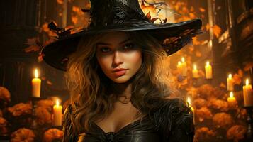 KI-generiert schön Hexe im ein schwarz Hut zum das unheimlich Urlaub von Halloween foto