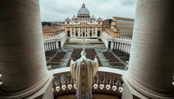 Papst beim das Vatikan Balkon, gegenüber das Menge von hinter. generativ ai. foto