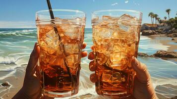 KI-generiert kalt köstlich erfrischend trinken im ein Glas mit ein Stroh Cocktail auf das Strand auf das Strand beim ein Resort auf Ferien im ein tropisch Land foto