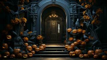 KI-generiert Tür dekoriert zum Halloween mit Dekorationen von Kürbisse und Kerzen foto