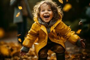 ein Kind im Regen Stiefel und Gelb glatter Springen in ein Pfütze mit fallen Blätter, groß Lächeln auf ihr Gesicht, Bewegung impliziert Freude. ai generiert Illustration. foto