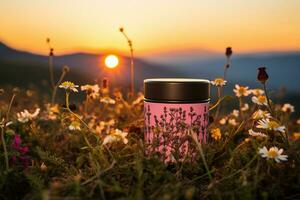 ein Rosa Thermosflasche Tasse mit Kräuter- Tee steht im ein alpin Wiese unter das Gräser beim Sonnenuntergang von das Tag. ein Symbol von das Schönheit von Natur und das Gelassenheit von einfach Freuden. ai generiert. foto