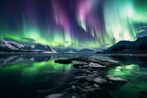 beschwingt Anzeige von das Aurora Borealis im das Nacht Himmel, präsentieren ein mischen von Grün, violett, Rosa und andere Farben. ein faszinierend natürlich Phänomen überwiegend gesehen im hoher Breitengrad. ai generiert. foto