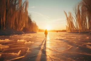 Silhouette von Person Eis Skaten auf ein gefroren See beim Sonnenaufgang, Sonne Strahlen, warm Orange und cool Blau Farbe planen. ai generiert Illustration. foto