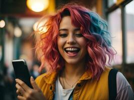 jung Frau mit bunt Haar und ein Smartphone im ihr Hand lacht und Geschrei mit Freude. glücklich Frau und Freiheit Lebensstil. ai generativ foto