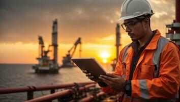 Porträt von ein Mann Öl rig Arbeiter mit ein Helm im Vorderseite von das Off-Shore rig mit Sonnenuntergang Hintergrund. ai generativ foto