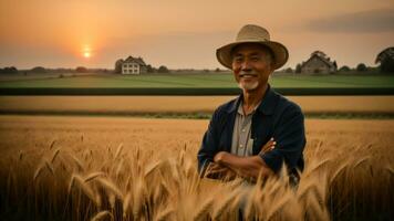 ein Farmer Mann Stehen auf ein Weizen Gras Feld. generativ ai foto