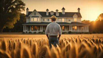 ein Farmer Mann Stehen auf ein Weizen Gras Feld. generativ ai foto