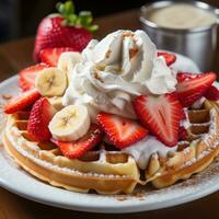 ein lecker Waffel mit geschnitten Bananen Erdbeeren foto