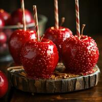köstlich glasiert rot Toffee Süßigkeiten Äpfel auf Stöcke foto