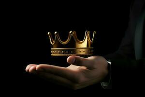 Geschäftsmann Hand halten ein Gold Krone im Palme. generieren ai foto