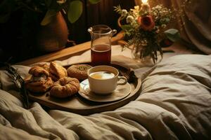 köstlich Süss Frühstück mit Kaffee trinken auf Bett. generieren ai foto