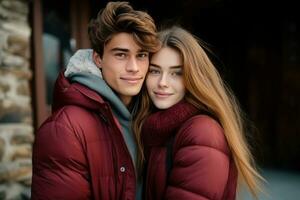süß jung Paar im warm Kleider draußen Foto Schuss. generieren ai