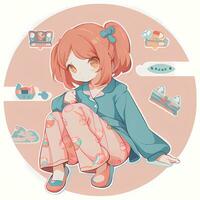 süß kawaii Chibi Anime Mädchen Aufkleber tragen Schlafanzug einfach bunt Hintergrund foto