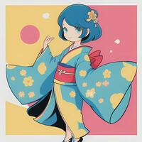 süß kawaii Chibi Anime Mädchen Aufkleber süß japanisch Yukata Kimono einfach bunt Hintergrund foto