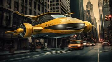 futuristisch Gelb fliegend Taxi hochfliegend Über Manhattan generativ ai foto