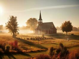 ein schön amisch Kirche im das amerikanisch Landschaft auf ein neblig Morgen, generativ ai foto