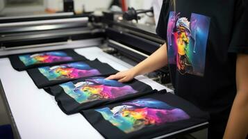 T-Shirt Drucken Maschine. Innovation Hemd und Textil- Drucker. Produktion foto