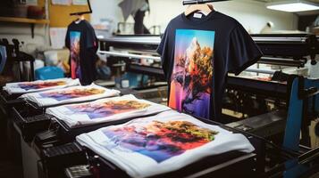 T-Shirt Drucken Maschine. Innovation Hemd und Textil- Drucker. Produktion foto