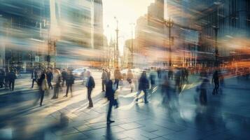 Fußgänger verwischen, Menge von Menschen Gehen im Stadt, ai generativ foto