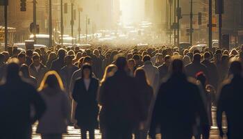 Menge von Menschen Gehen beschäftigt Stadt Straße hinterleuchtet. generativ ai foto