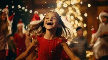 Kinder tanzen beim Weihnachten Party im Beleuchtung. ai generativ foto