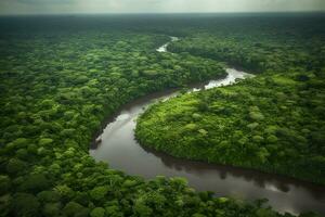 Antenne Aussicht von das Amazonas Urwald Landschaft mit Fluss biegen. generativ ai foto