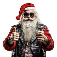 ai generativ komisch Santa claus Radfahrer. im ein Leder Jacke und Sonnenbrille. isoliert auf Weiß foto