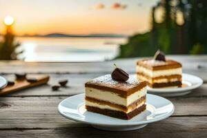 zwei Stücke von Kuchen auf Platten mit ein Sonnenuntergang im das Hintergrund. KI-generiert foto