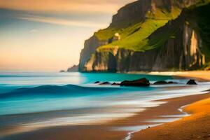 ein Strand mit Wellen und Klippen. KI-generiert foto