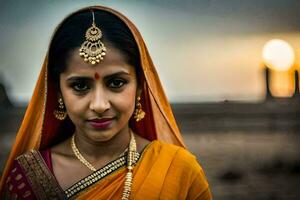 ein schön indisch Frau im ein Orange Sari. KI-generiert foto