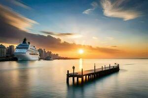 ein Kreuzfahrt Schiff angedockt beim Sonnenuntergang im das Ozean. KI-generiert foto