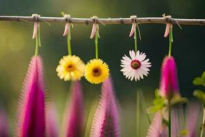 bunt Blumen hängend von ein Wäscheleine. KI-generiert foto