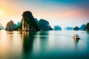 das Sonne setzt Über das Wasser im Halong Bucht, Vietnam. KI-generiert foto