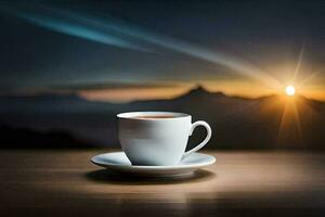ein Tasse von Kaffee auf ein Tabelle mit ein Berg im das Hintergrund. KI-generiert foto