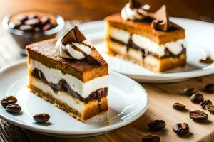 zwei Scheiben von Kuchen auf Weiß Platten mit Kaffee Bohnen. KI-generiert foto