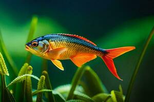 ein Fisch im ein Teich mit Grün Gras. KI-generiert foto