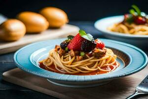 Spaghetti mit Fleisch und Erdbeeren auf ein hölzern Tisch. KI-generiert foto