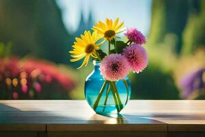 ein Vase mit Blumen auf ein Tabelle im Vorderseite von ein Garten. KI-generiert foto