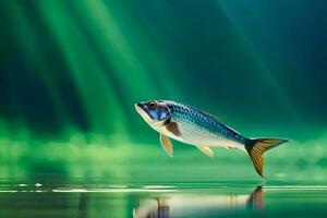 Fisch Springen aus von Wasser mit Grün Licht. KI-generiert foto