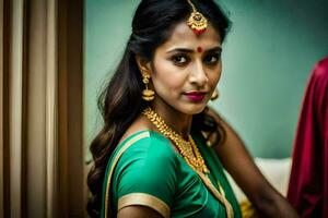 ein schön indisch Braut im ein Grün Sari. KI-generiert foto