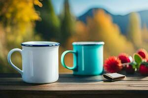 zwei Kaffee Tassen auf ein hölzern Tabelle mit ein Aussicht von das Berge. KI-generiert foto