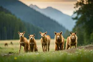 ein Gruppe von wild Hunde Stehen im ein Feld. KI-generiert foto